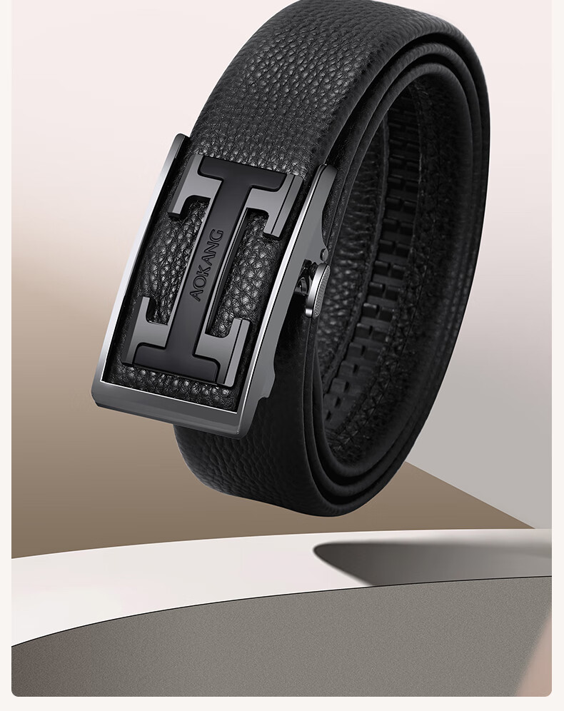 Aokang Men's Genuine Leather Belt, First Layer Cowhide, Flexible and Durable, Automatic Buckle, 115cm, Gunmetal Buckle, Gift for Men 5