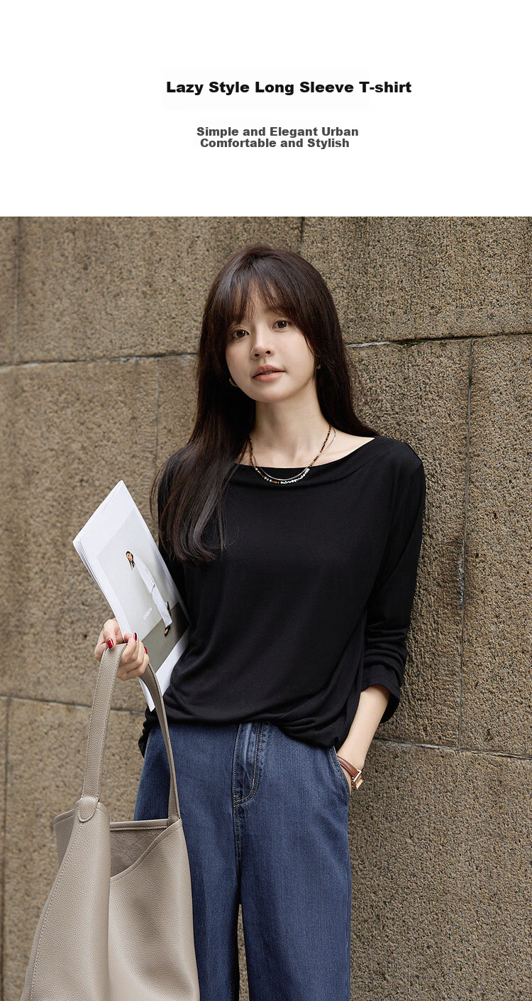 Mt [Yunrou Zero Pressure] Autumn Lightweight French-Style Wide Collar Boat Neck, Thin Simple Comfortable Elastic Long-Sleeve Women's T-Shirt 2