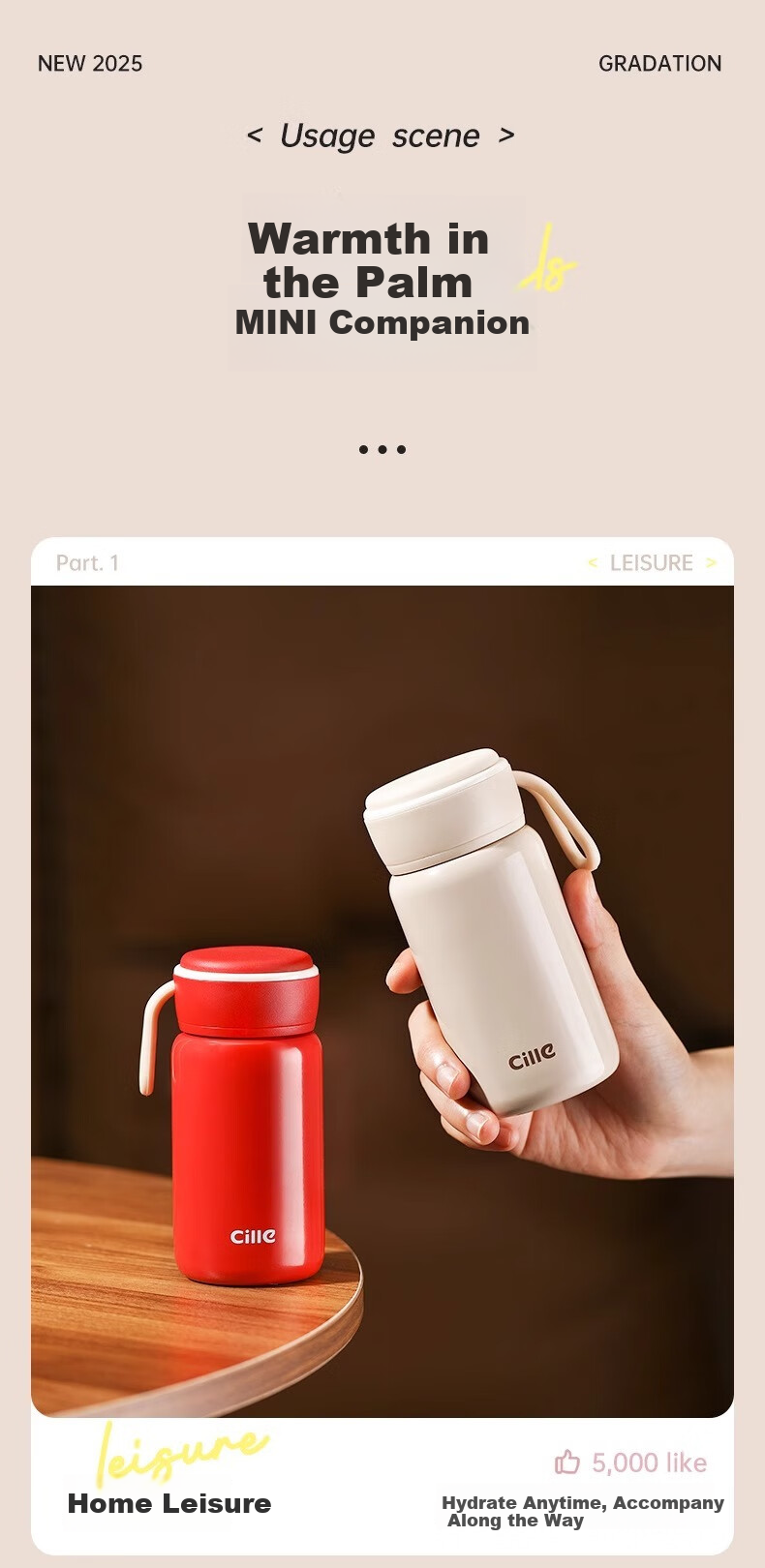 Cille Insulated Mug, 316 Stainless Steel Student Water Bottle, Portable Outdoor Pocket Cup for Men And Women, Compact Handheld Cup for Childre 8