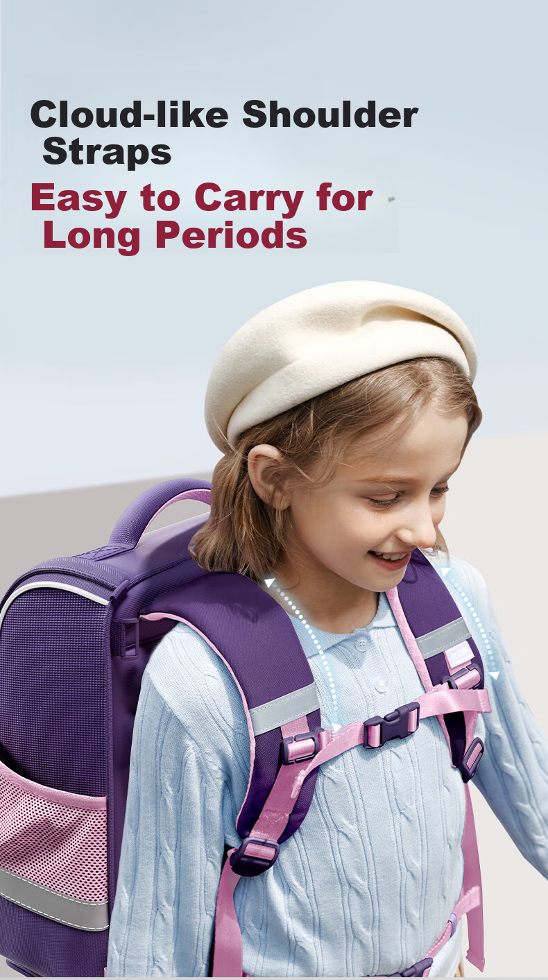 Jianqiaoshu Schoolbag for Primary School Girls, Children Grades 1-4, Spine-Protecting, Load-Reducing, Stylish, Large-Capacity Backpack, Purple-Pink, Small Size 12