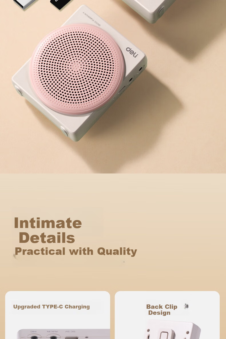 Deli 13W Wireless Magnetic Clip-On Amplifier, Teacher-Specific Bluetooth Speaker, Anti-Howling Loudspeaker, Microphone, Tour Guide Portable Fashionable Mini Baguette, Champagne Color 10