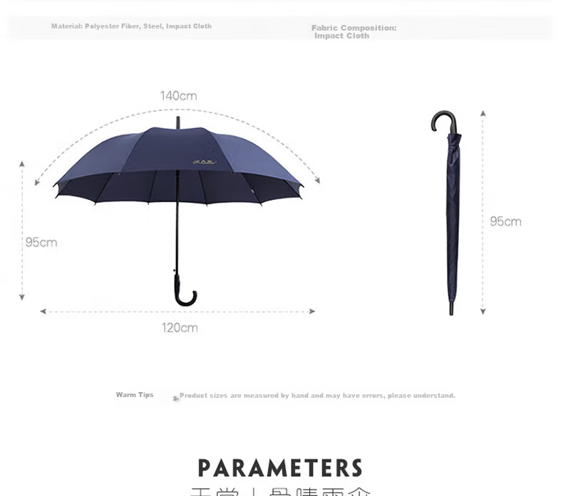 Tiantangshan Windproof Double Umbrella, Long Handle, 10 Ribs, Extra Large Size, Semi-Automatic Straight Pole, Suitable for Both Sun And Rain, Business Umbrella, Deep Navy Blue 12