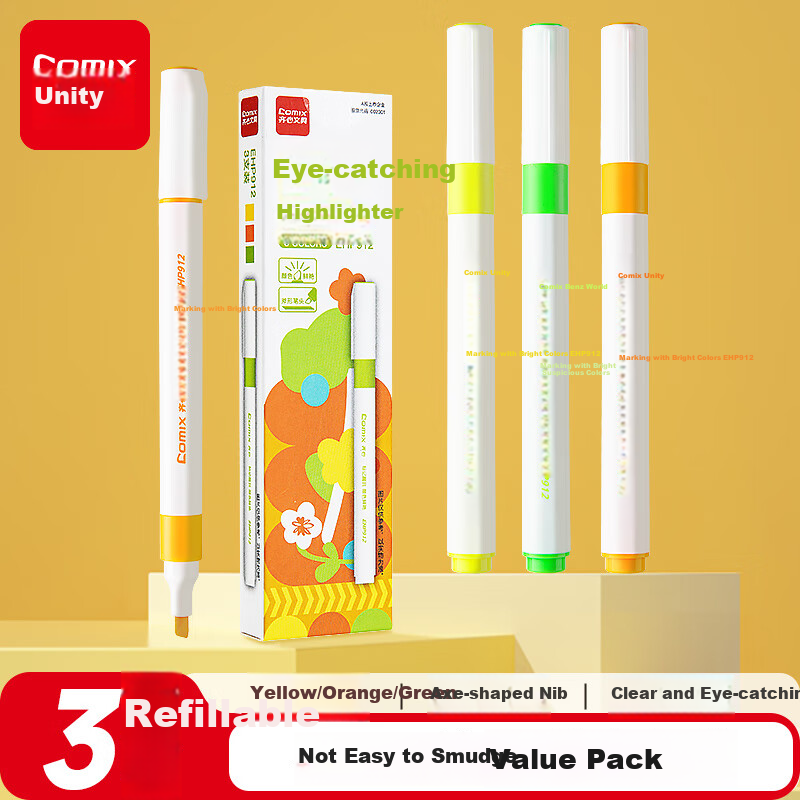 COMIX Colorful Highlighters, Small Pack, Student Stationery for Exams And Review, Marker Pens for Note-Taking And Drawing, 3 Pens/Box EHP912