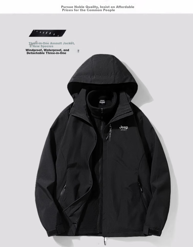 JEEP Men's Windbreaker Jacket, Autumn And Winter Three-In Detachable Outdoor Windproof Mountaineering Coat, Black Three-In Size M 4
