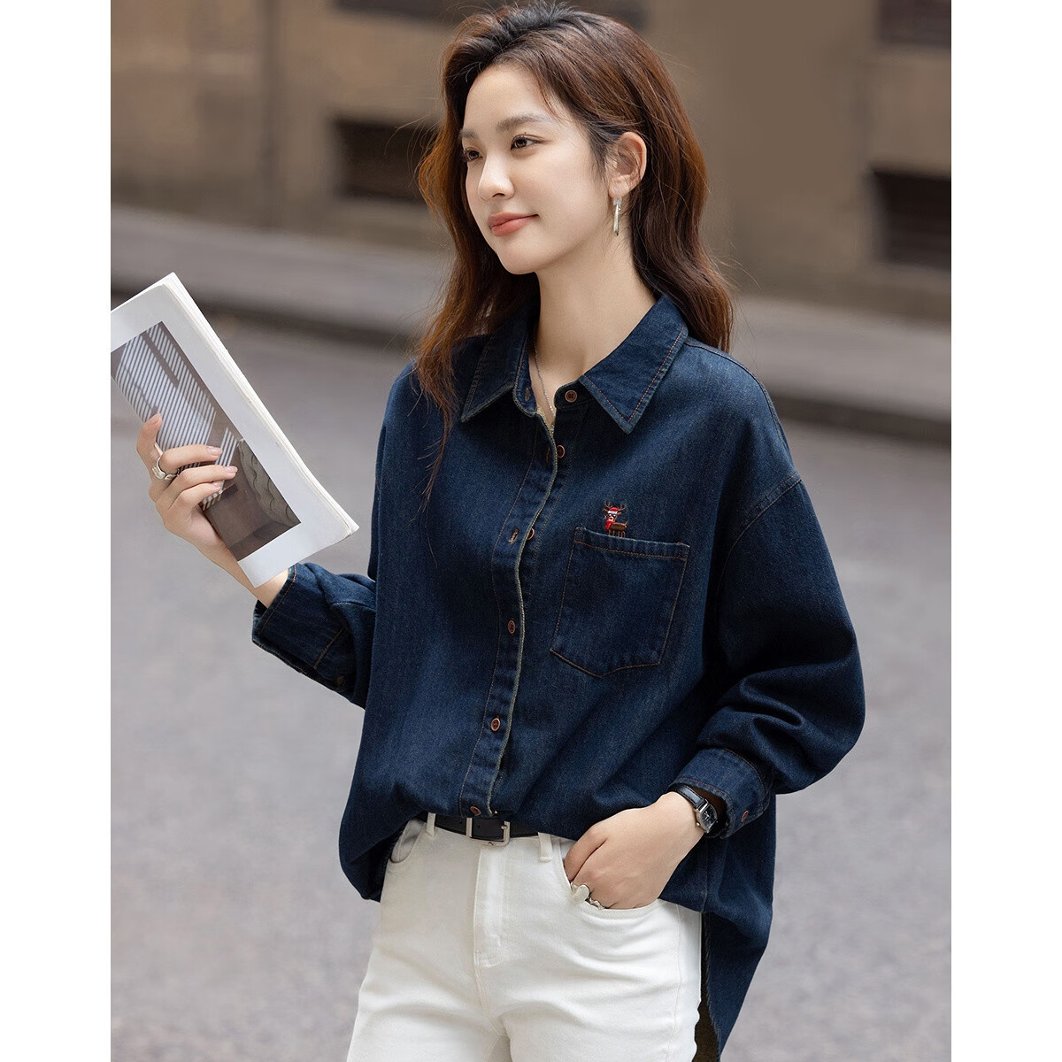 Demana [Warm Brushed Cloud Cotton] Winter Lapel Denim Shirt with Deer Embroidered Pocket Loose Fit Women's Top