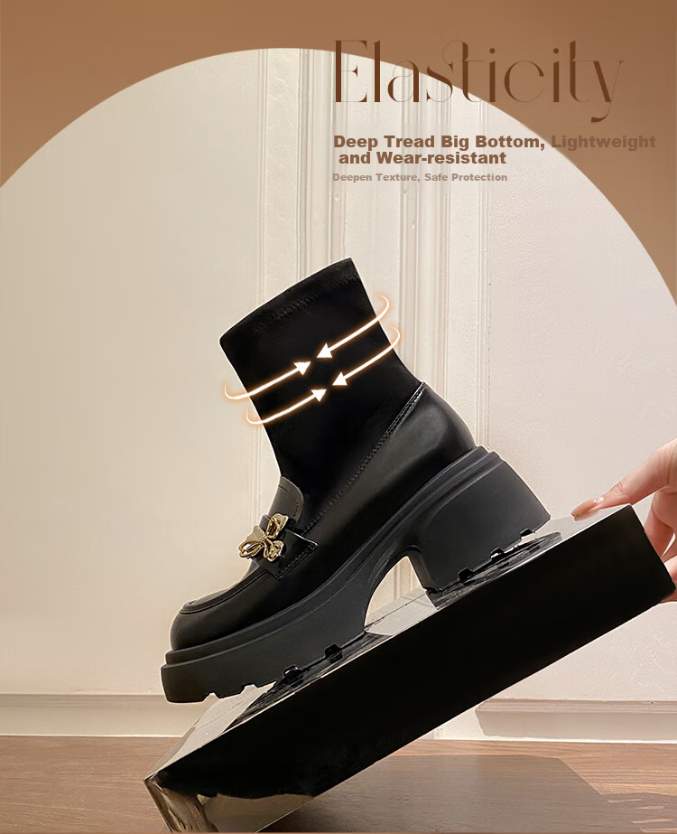 ZHR Elastic Socks And Boots for Women, Academic Style, Fleece-Lined Chunky Heel Loafers, Height-Increasing Short Boots for Women, AH579A, Black, Size 35 4