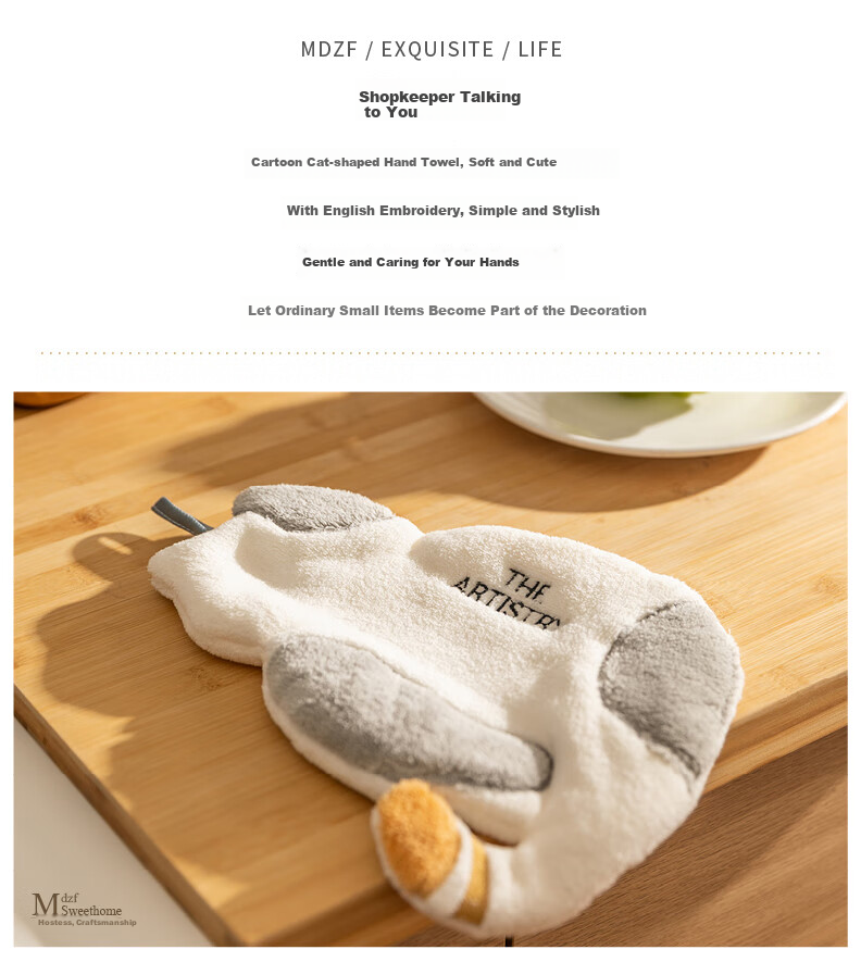 Fanyejia Cat Hand Towel, Hanging Absorbent Cartoon Cute Kitchen Bathroom Home Multi-Purpose Handkerchief Small Towel Quick-Drying 2