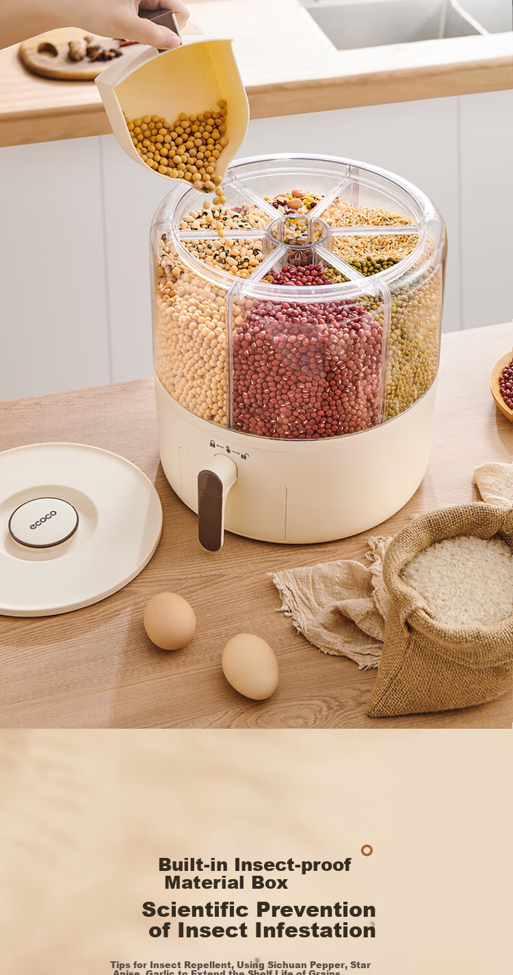 Ecoco Rice Container, Food-Grade Rotating Multi-Grain Bucket, Sealed Jar, Kitchen Storage Container for Grains, Insect-Proof Rice Box E2332 White 9