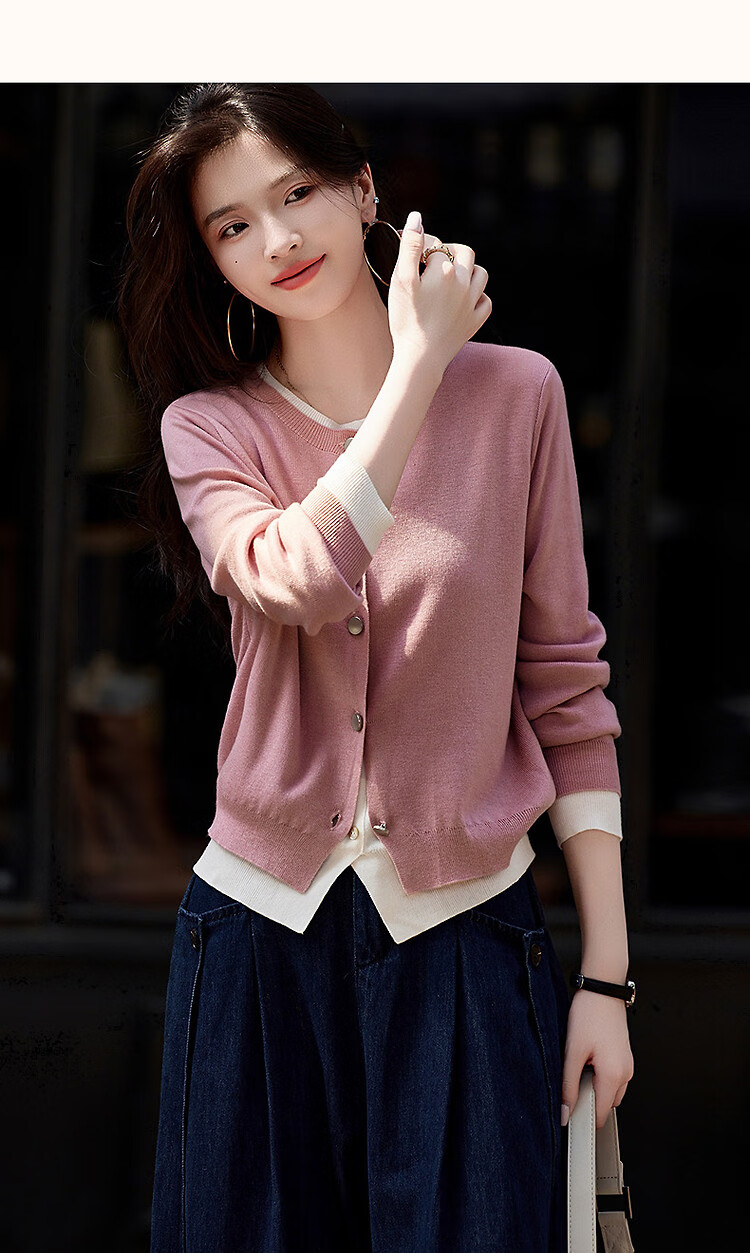 Dme [Quiet Luxury Inspired Wardrobe] Spring and Autumn Design Fake Two-Piece Color-Block Knit Sweater with Decorative Buckle for Women 32
