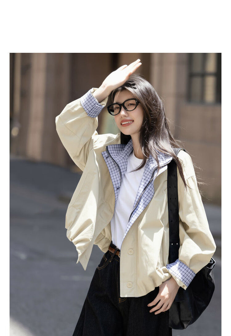 Dme [Soft Cotton Brushed] Autumn Urban Simple Double-Layer Lapel Color-Block Plaid Folded Loose Women's Coat 2