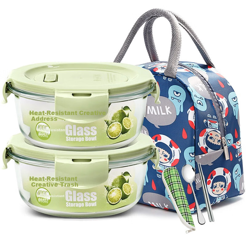Chuangde Heat-Resistant Glass Food Storage Container, Microwave-Safe Lunch Box for Office Workers, Nordic Green Round 650*2 + Bag + Tableware
