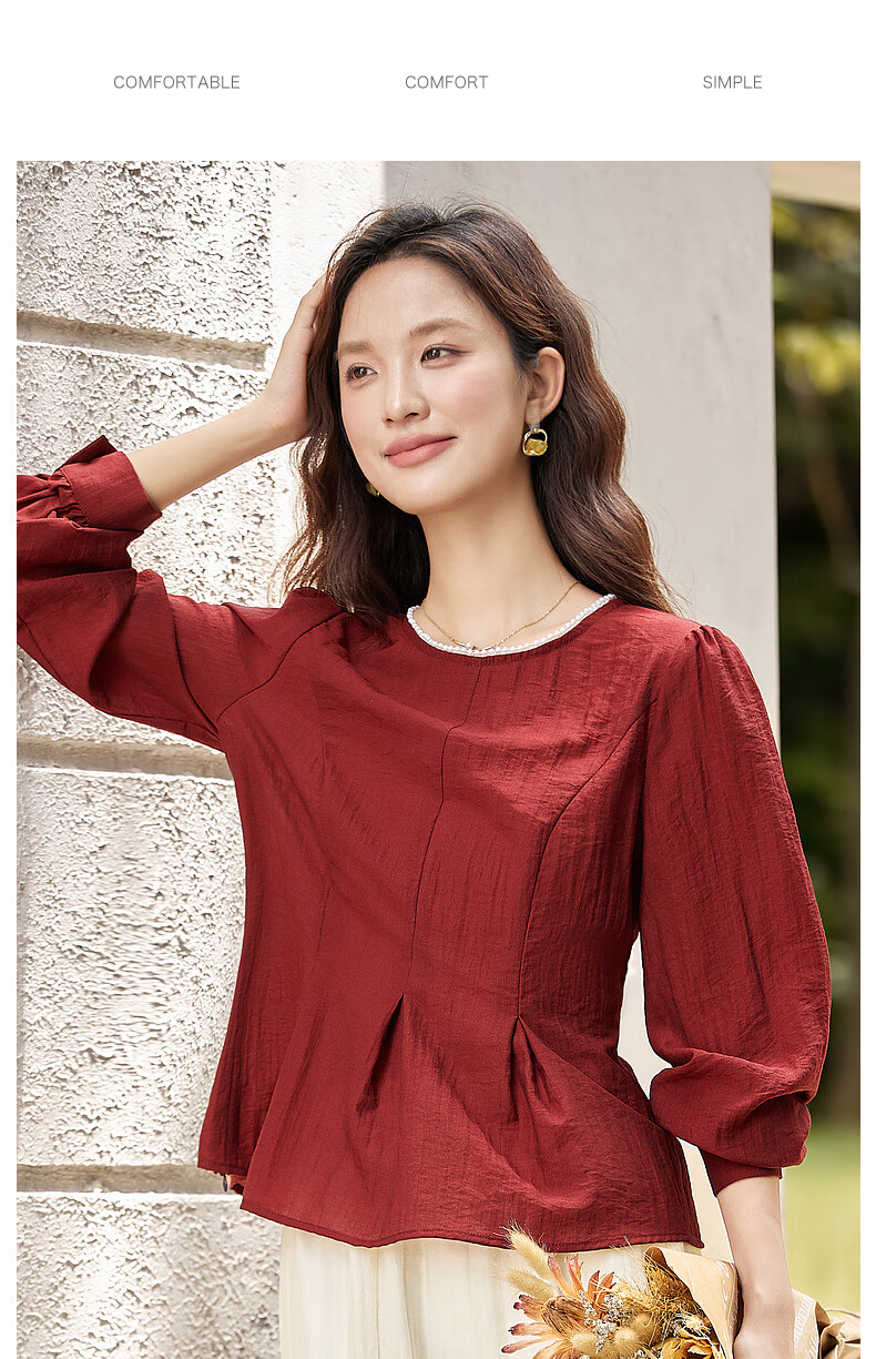 Fansiman Elegant Women's Autumn Set New Round Neck Top Waist Slimming Skirt Two-Piece Set Red Apricot Color S 15