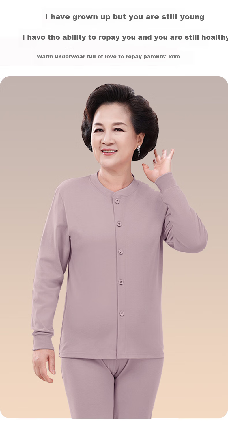LangSha Women's Autumn Underwear Set for Middle-Aged And Elderly, Pure Cotton Cardigan Thermal Underwear, 7A Antibacterial Anti-Mite Base Layer Set 20