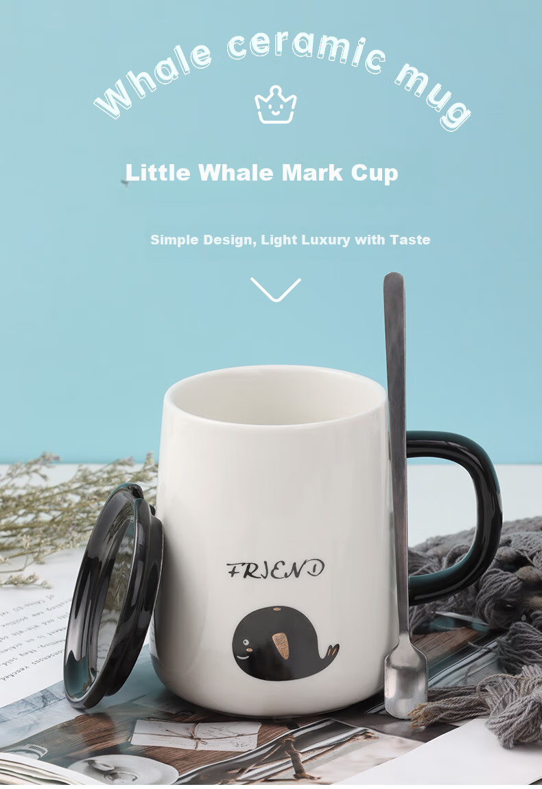BJ Mug, Coffee Cup, Milk Cup, Breakfast Cup with Spoon And Lid, Large Capacity Water Bottle for Men And Women, 420ML 1