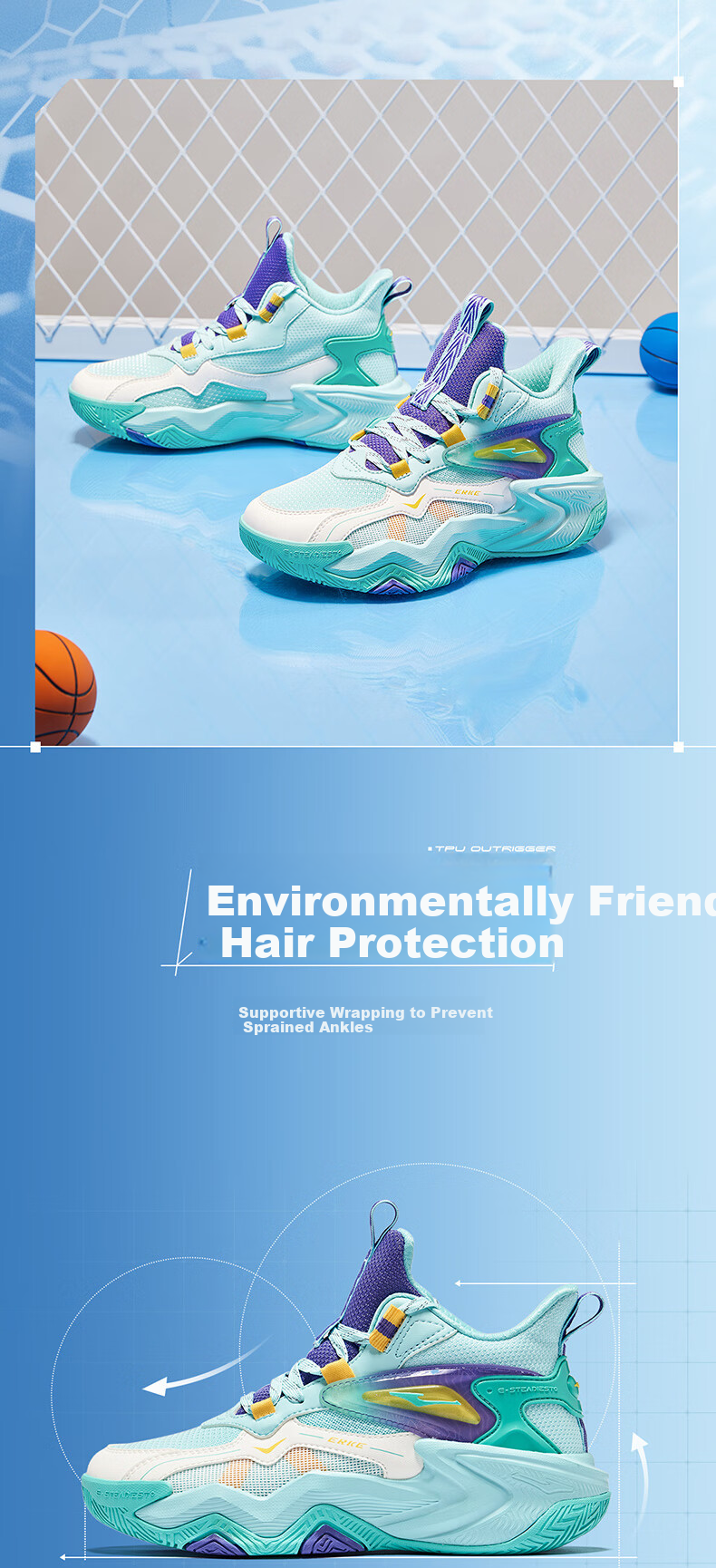 ERKE Children's Basketball Shoes, Spring Boys' Lace-Up Shock-Absorbing Sneakers, Pool Blue/signal Purple, Size 39 8