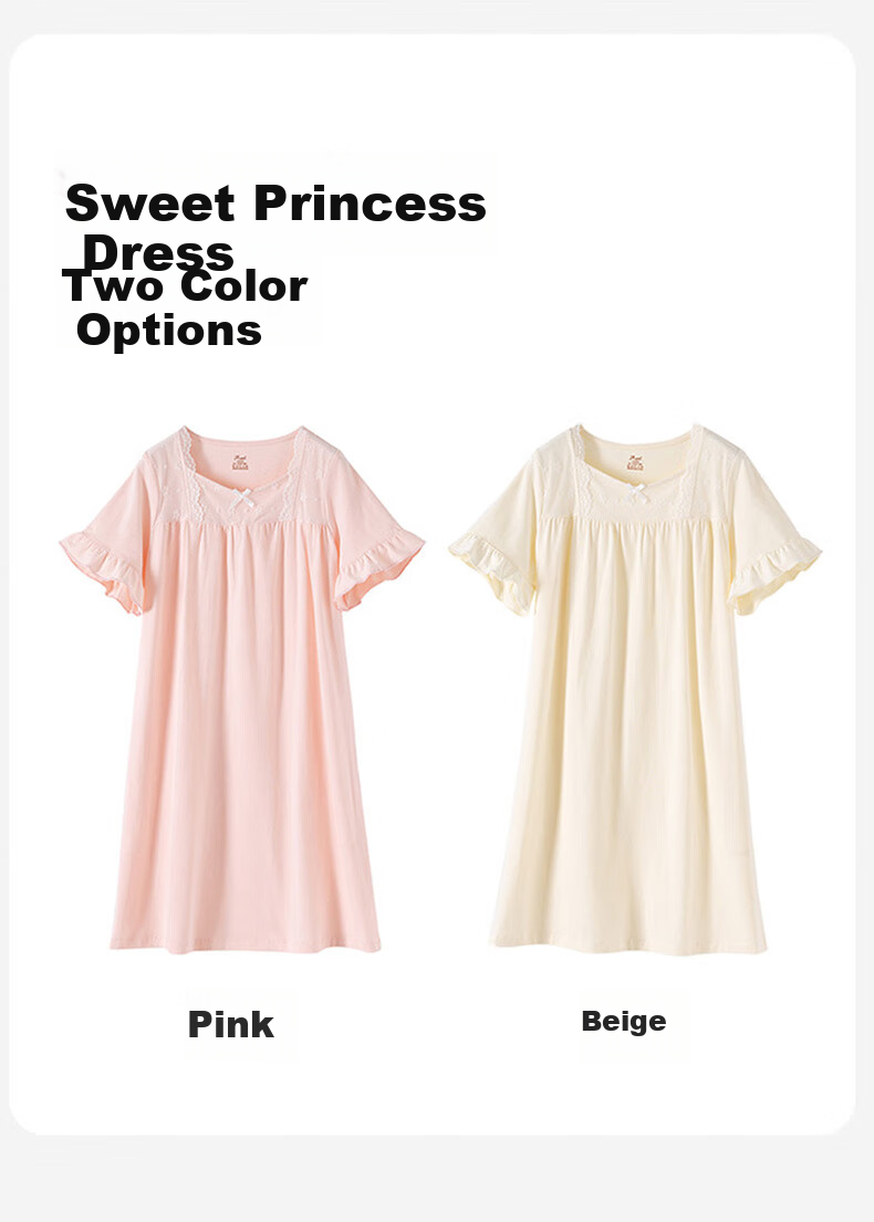 Dingguagua Girls' Nightgown, Summer Princess Style, Class A Pure Cotton Long Dress, Children's Pajamas, Loungewear, Parent-Child Dress, Light Pink, Size 130 9