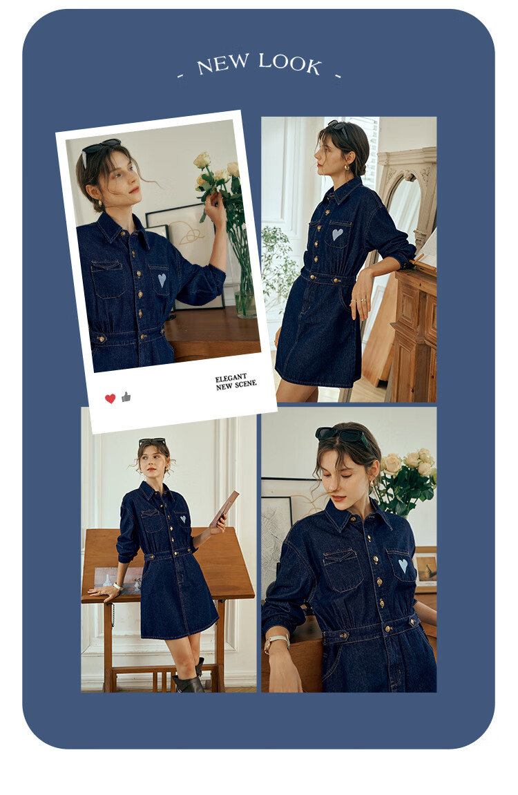 Olrain Eurielle Lapel Denim Dress Women's Autumn Waist-Slim Vintage Petite Dress Prussian Blue L 3