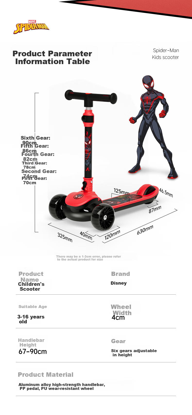 Disney Children's Scooter for Ages 3-6 Adjustable Speed Scooter with Flash Wheels for Older Kids, Marvel Spider-Man Desig 15