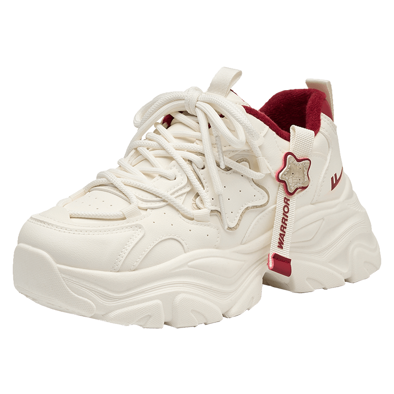 Warrior Women's Warm Dad Sneakers 2025 Winter New Plush Thickened Sports Shoes Women Rice Wine Red Plush Size 36