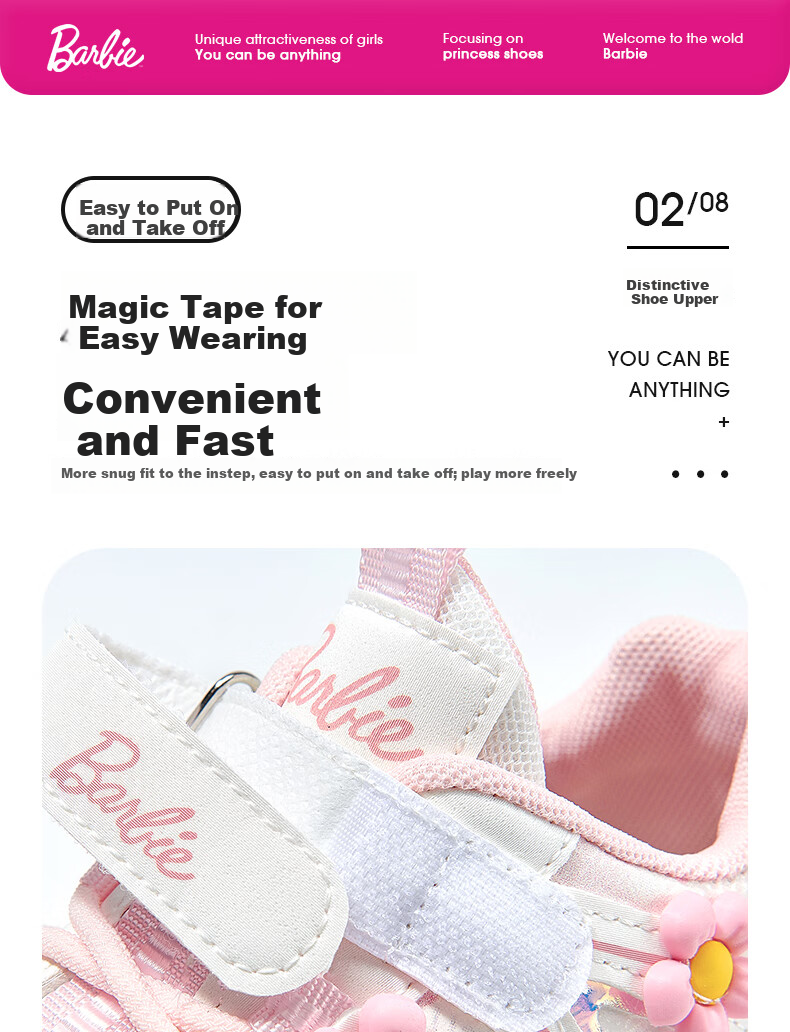 Barbie Children's Spring And Autumn Single-Layer Dad Shoes, Girls' Elementary School Running Shoes, Sports Casual Shoes DA6937 Pink 33 6