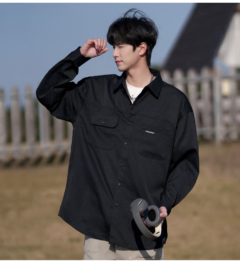 Foss Phil Men's Vintage Casual American Workwear Long Sleeve Shirt Jacket Spring Autumn Black L S581 5