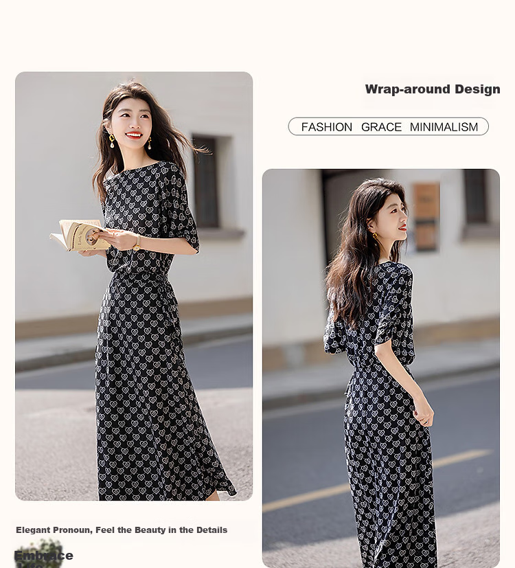 Dme [Romantic Style] Summer Elegant Boat Collar, Raglan Sleeve, Waist-Cinching, Pleated Wrap Dress with Water Print Floral Pattern for Wome 4