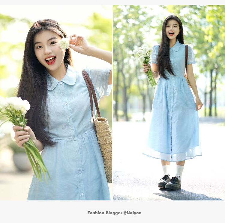 INMAN INMAN [Runway Style] Ramie French Doll Collar Dress for Women, Summer 2026 New Light Blue M 12