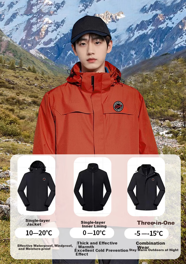 Huili Men's Outdoor Three-In Jacket with Fleece Inner Layer, Windproof And Warm Detachable Hiking And Mountaineering Coat for Me 3