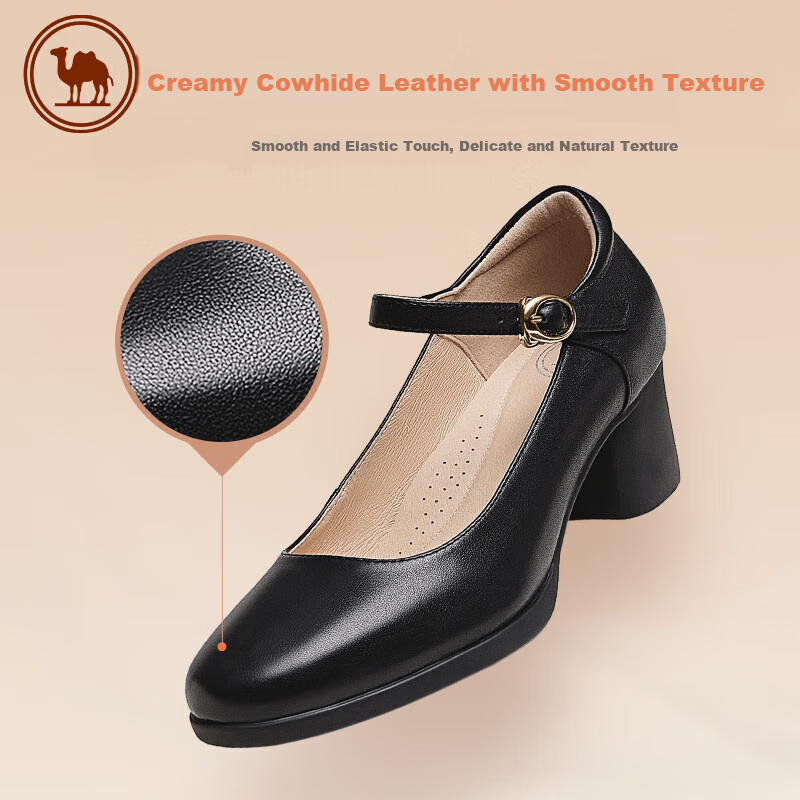 CAMEL Brand Women's Shoes, Cowhide Soft Thick Heel Casual Flats, Fashionable Mary Jane Shoes, P23A155036, Black, Size 37