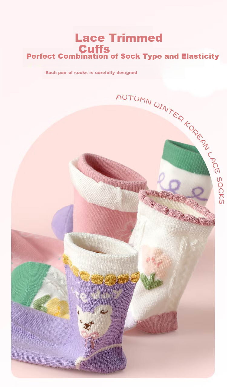 Bingxuemumian Children's Socks, Girls' Mid-Calf Cotton Socks for Spring, Autumn And Winter, 6 Pairs, Breathable, Suitable for Small to Big Kids, Versatile Lace Short Socks for Students 7