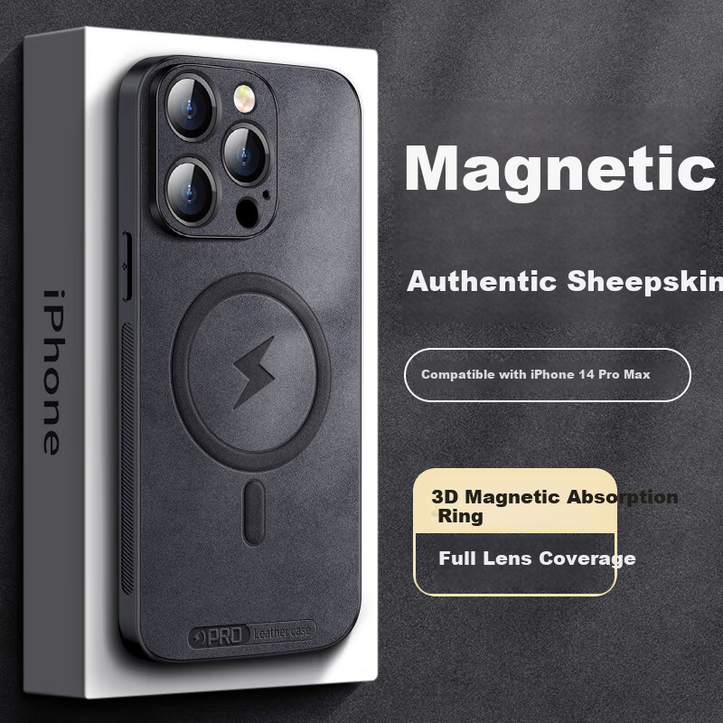 Чехол-накладка Shangsu для Apple iPhone 14 Pro Max, черный, из натуральной кожи, с магнитной застежкой