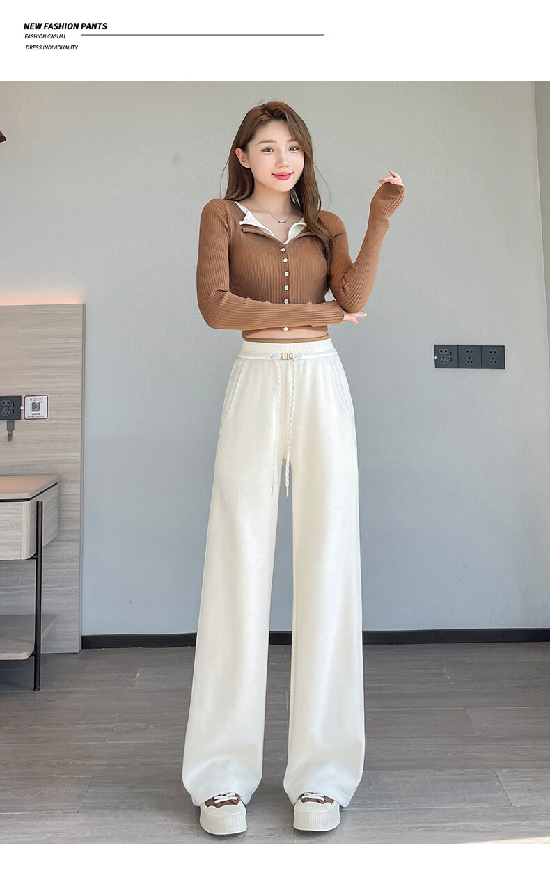 Jeanswest Women's Casual Autumn Winter Color-Block Drawstring Spliced High-Waist Slim Straight-Leg Pants Beige L 2