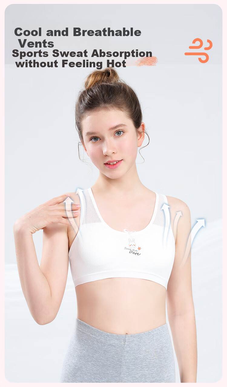 LangSha Children's Underwear, Girls' Sports Bra, Shock-Absorbing, Big Girls' Bra, Developmental Student Vest, 2 Pieces, White + White, 75A 4