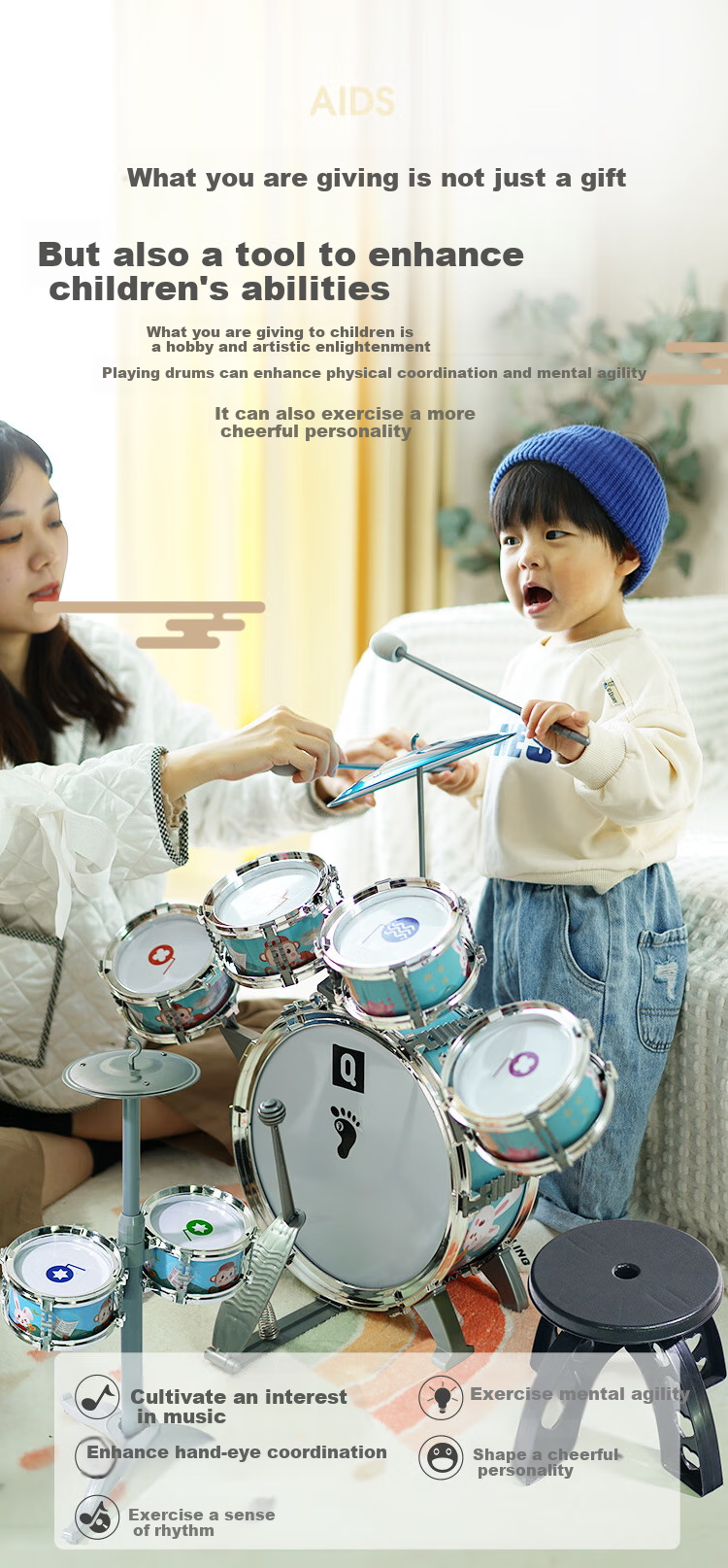 QIAO WA BAO BEI Kids Drum Set Children's Gift Toy for Ages 1-5 Birthday Present for Boys and Girls Early Education New Year Toy 8