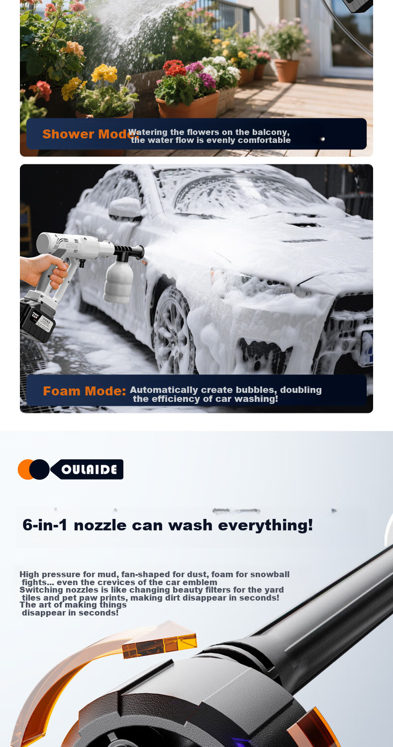 Oulaide Portable Wireless High-Pressure Car Wash Machine with Lithium Battery-Powered Water Gun for Home Use And Car Cleaning 12