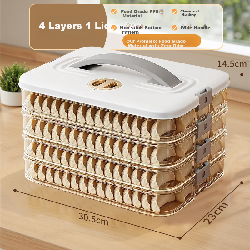 Jiabangshou Large Capacity Dumpling Box, Multifunctional Food-Grade Non-Stick Bottom, Refrigerator Freezer Storage Container for Dumplings And Wontons, 4 Layers