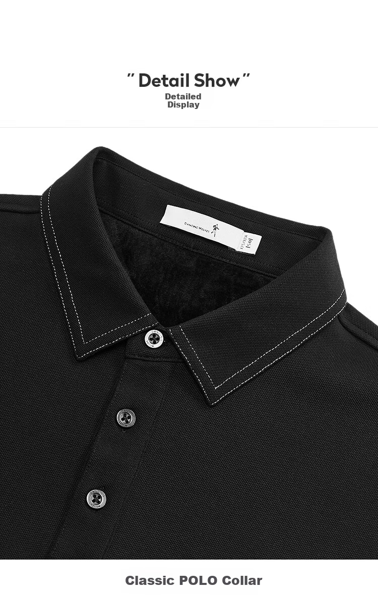DANCING WOLVES [Fleece-Lined for Warmth] Autumn And Winter Fashionable Stitched Design Men's Long-Sleeve POLO Shirt, 001 Black, Size 175 14