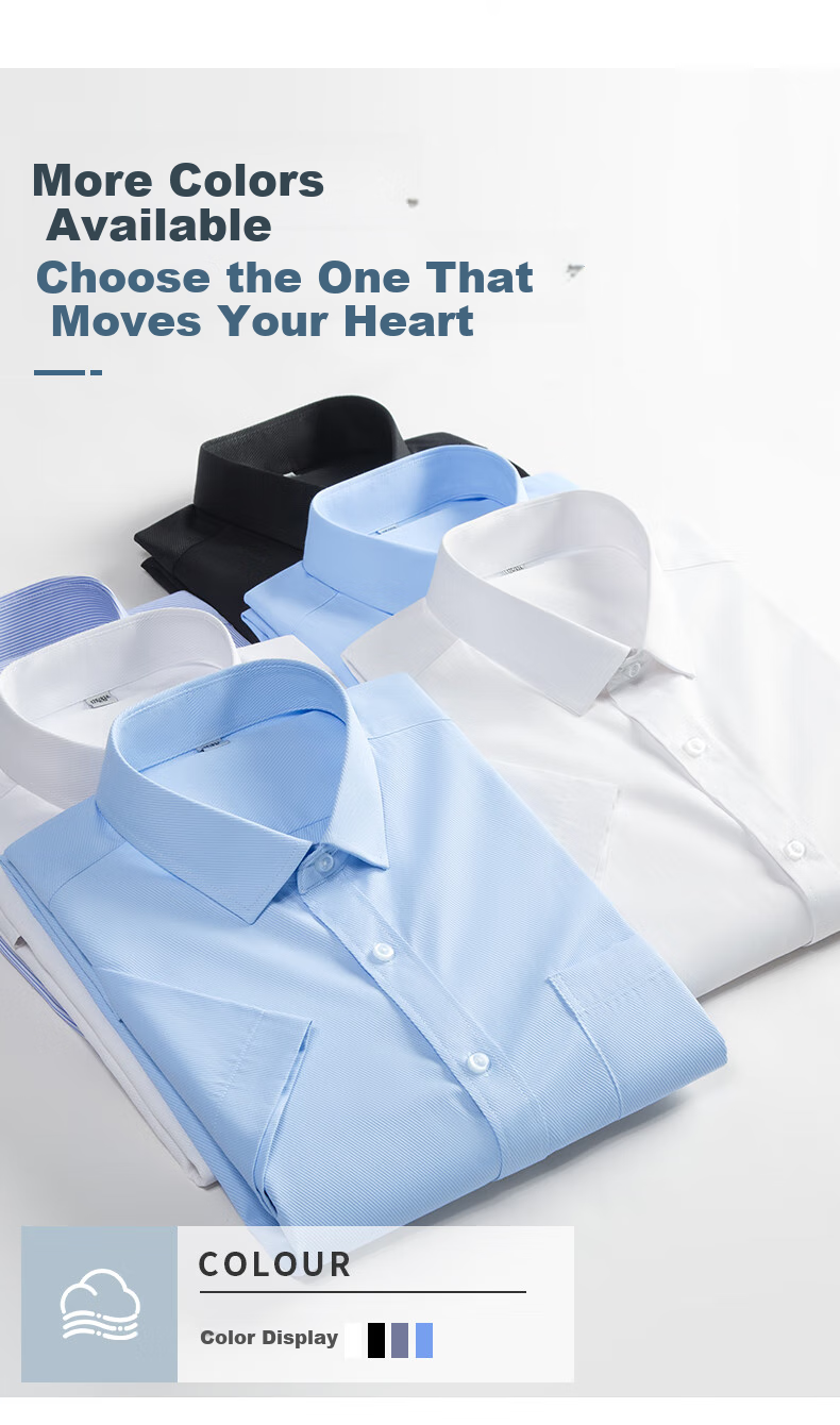 FIRS Men's Shirt, Summer Business Short-Sleeve Shirt, Wrinkle-Free Solid Color Lapel Casual Shirt for Men, Blue Twill 1201, Size 42 9