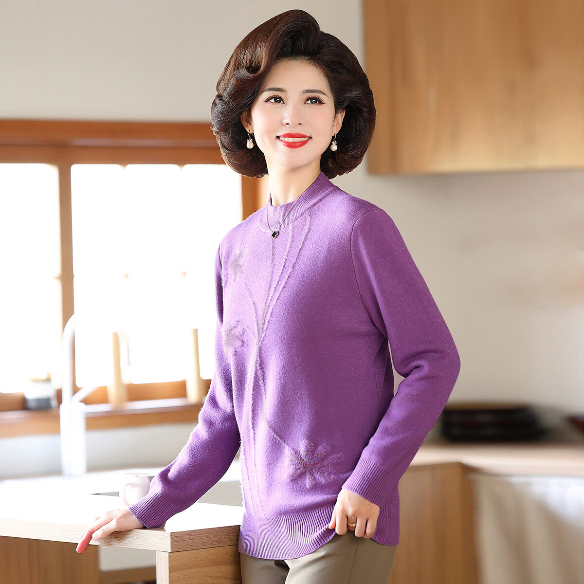 Past Mom Winter Thickened Base Shirt High Elastic Fleece Knitwear Light Purple L