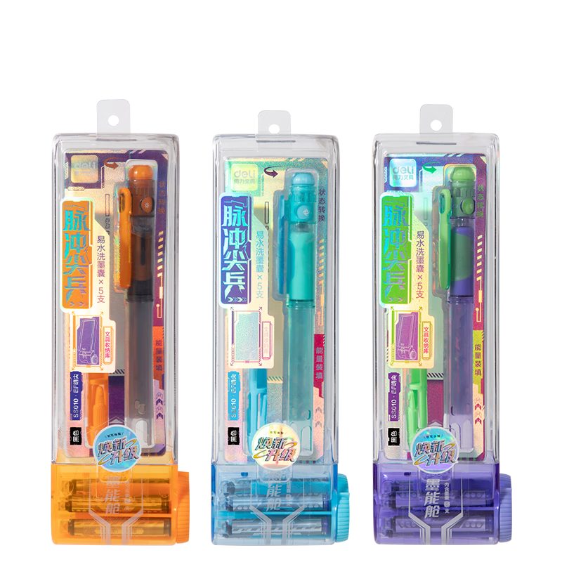Deli Hex Warrior Easy Wash Fountain Pen EF Fine Nib Pulse Vanguard Student Stationery (1 Pen + 5 Black Ink Cartridges) SS010 EF Nib (Approx. 0.38mm) Random Color