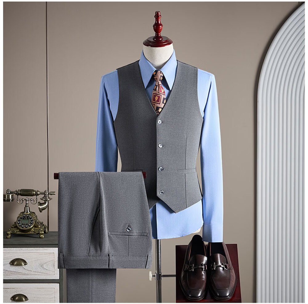 ROMON Men's Business Suit Set Blazer + Vest + Trousers Black 2XL 10