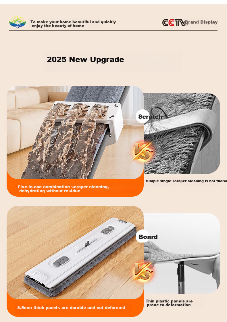 Xiangjiamei Flat Mop, 42cm, 2 Fabric Chenille, Household All-In Cleaning, 2026 New Model, Lazy Person's Absorbent No-Hand Flat Mop 3