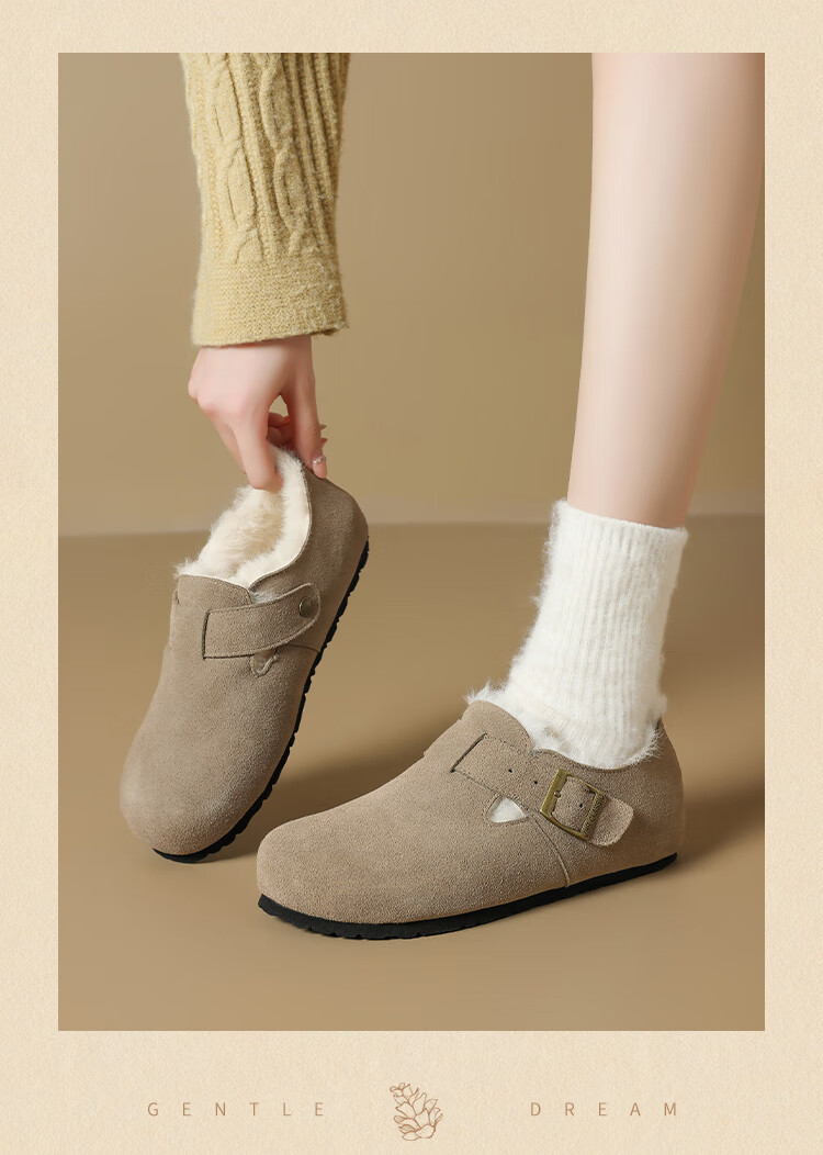 ZHR Suede Leather Birkenstock Women's Winter Fleece Lined Warm Cotton Shoes with Height Increase Casual Shoes JQ07B Dark Khaki Size 38 5