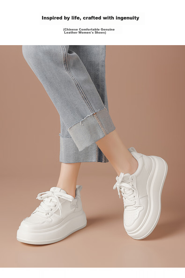 BOERDIQI Top-Grain Leather Versatile White Sneakers for Women, Thick-Soled Height-Increasing Casual Sports Shoes, White And Black, Size 36 1