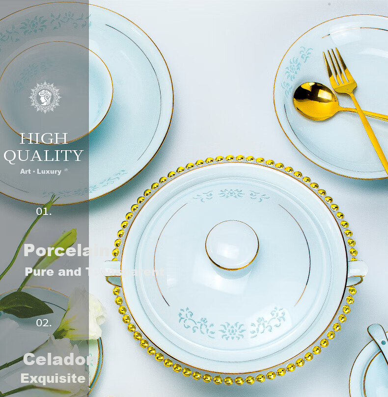 Guanpo New Gold-Rimmed Jingdezhen Underglaze Celadon Porcelain Delicate Bowl And Plate Set, Bone China Tableware Set for Home Use, Gift-Giving 15