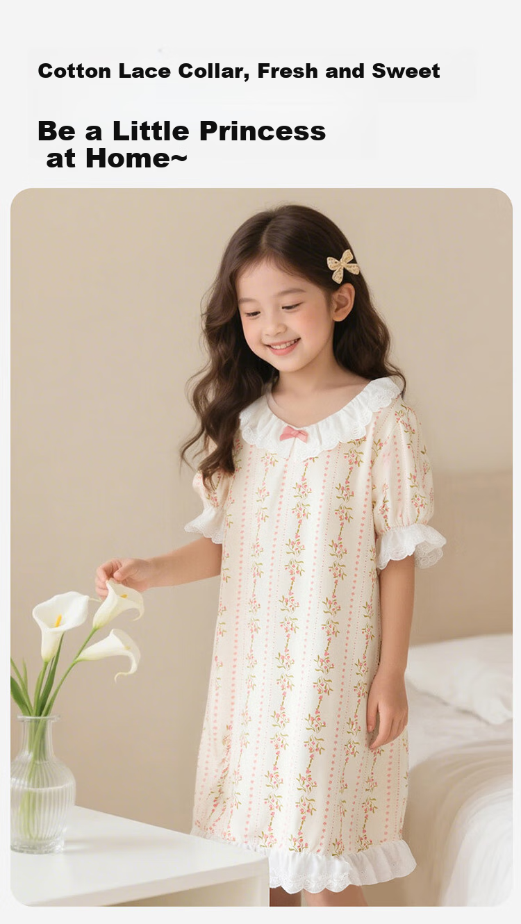 Dingguagua Top-Notch Girls' Nightgown, Summer Pure Cotton, Class A Breathable, 7A Antibacterial, Children's Home Wear, All-Cotton Sweet Style, Size 130 2