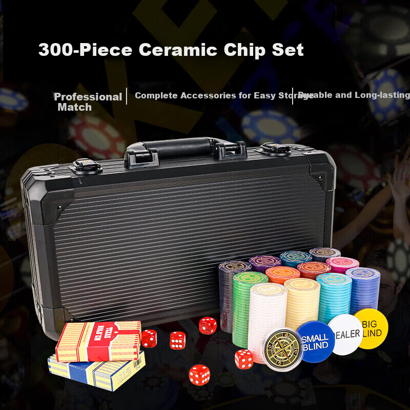 Miaoji Poker Chips Ceramic Chip Set for Texas Hold'em And Mahjong, 300 Pieces with Aluminum Box + Playing Cards MJ8329