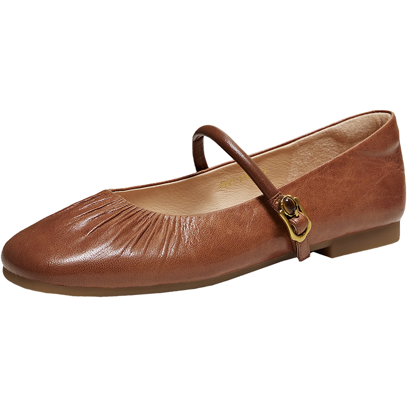 TATA Mary Jane Shoes for Women, Flat Single Shoes, Genuine Leather Casual Ballet Flats, Brown "Sheepskin", Size 38