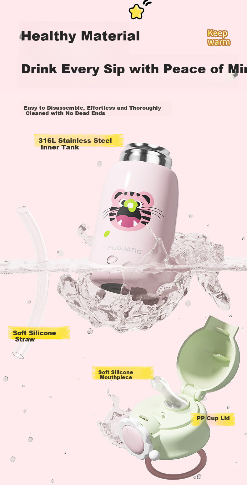 Fuguang Children's Insulated Cup, 316L Stainless Steel Water Bottle, for Boys And Girls, Elementary School Students, Toddlers, Large Capacity with Spring Lid 9