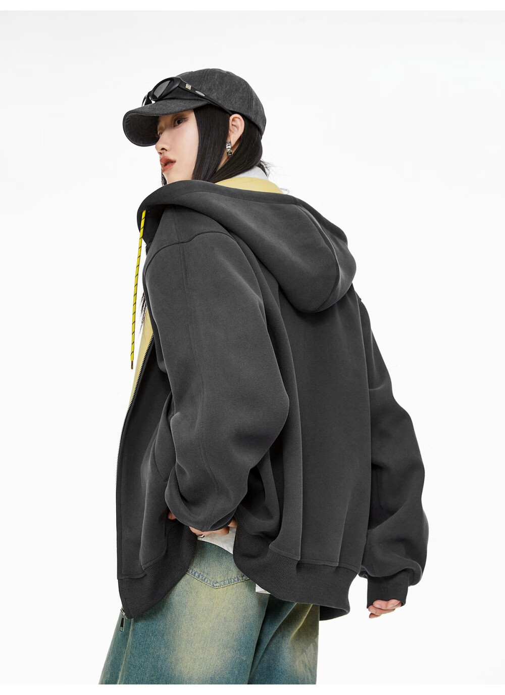 ICH MODE Women's Hoodie American Vintage Loose Fit Zip-up Sweatshirt Spring Autumn New Light Heather Gray L 34